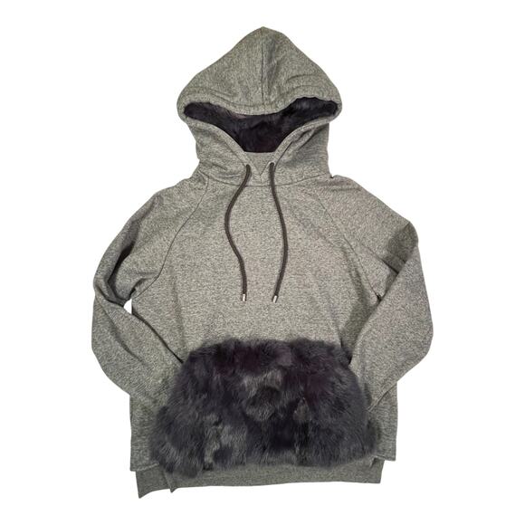 NWOT Jocelyn Small Fur Trim Pullover Hoodie Heather Gray Navy Blue Sweatshirt - Picture 11 of 11